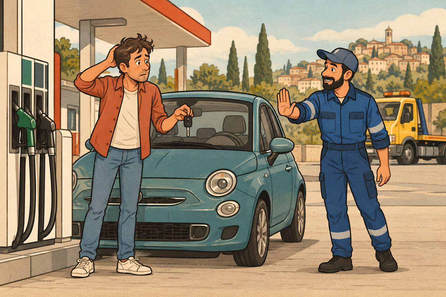 Automobilista e operatore del soccorso accanto a un’auto ferma al distributore.