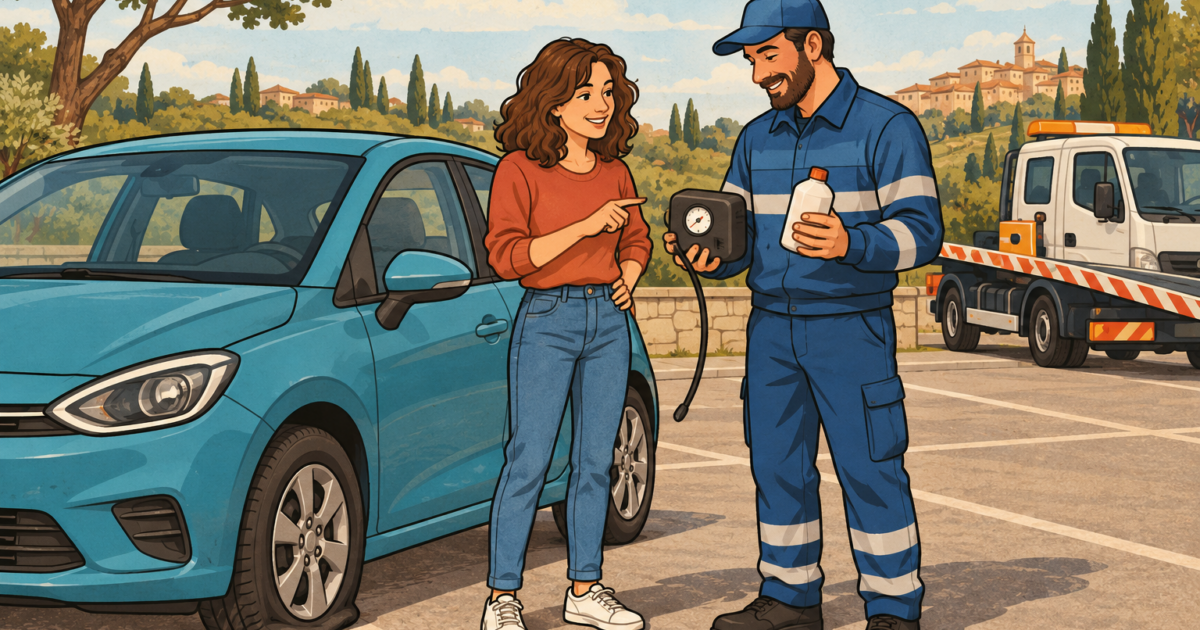 Operatore e automobilista valutano un kit antiforatura accanto a un’auto con pneumatico sgonfio.