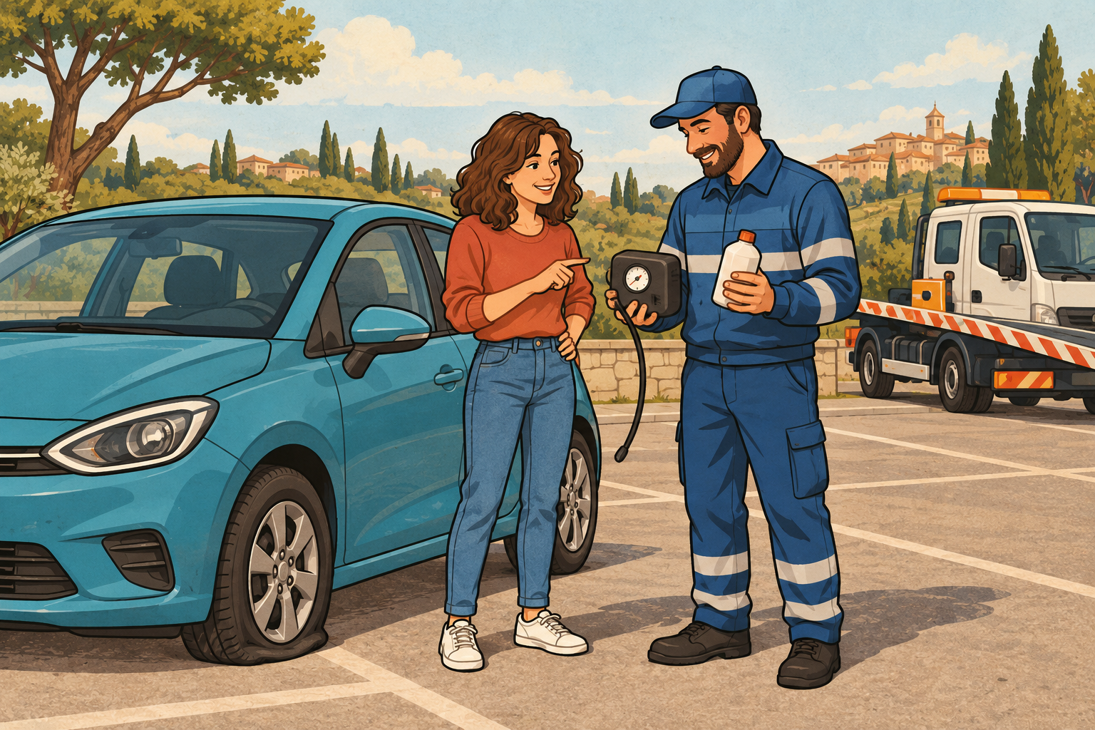 Operatore e automobilista valutano un kit antiforatura accanto a un’auto con pneumatico sgonfio.