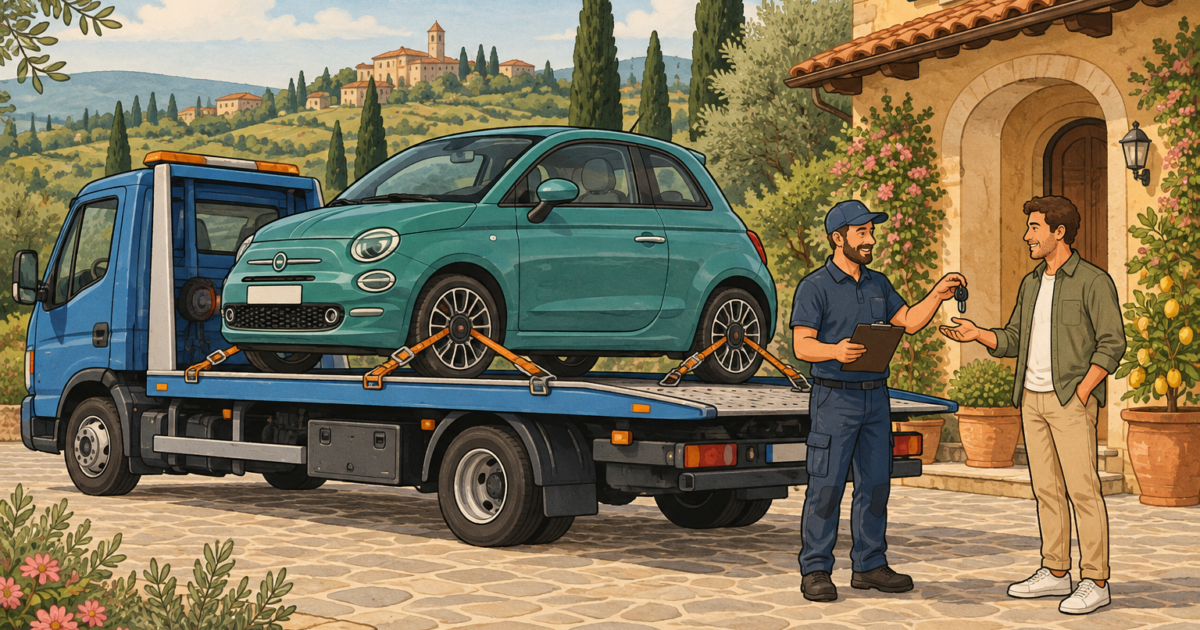 Un’auto acquistata viene consegnata su un carroattrezzi davanti alla casa del cliente.