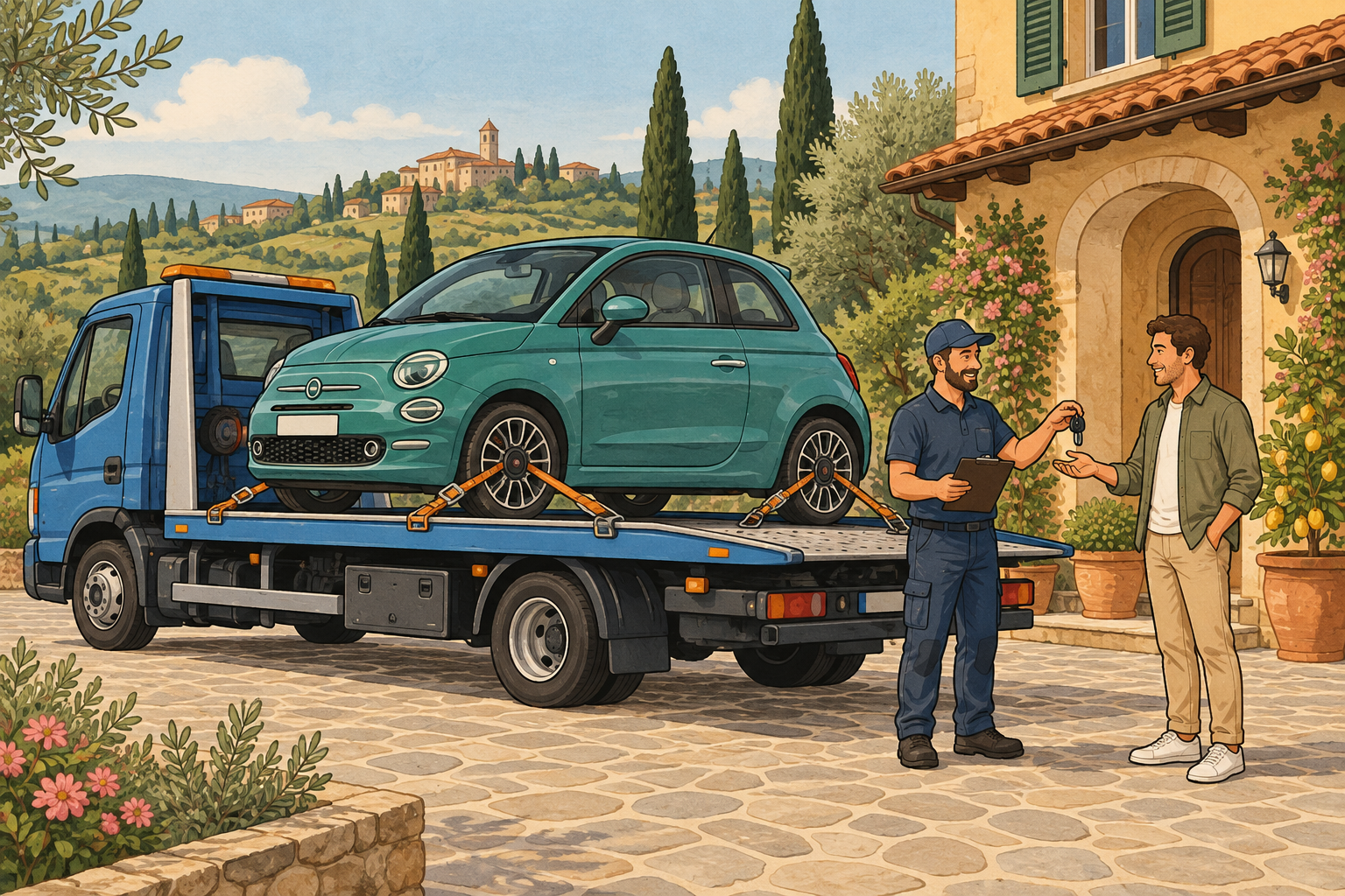 Un’auto acquistata viene consegnata su un carroattrezzi davanti alla casa del cliente.